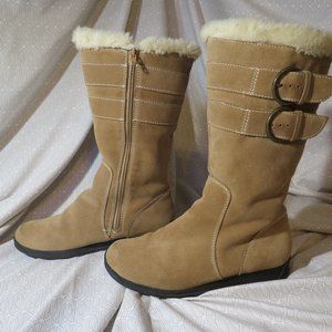 Women's tan suede buckle boots